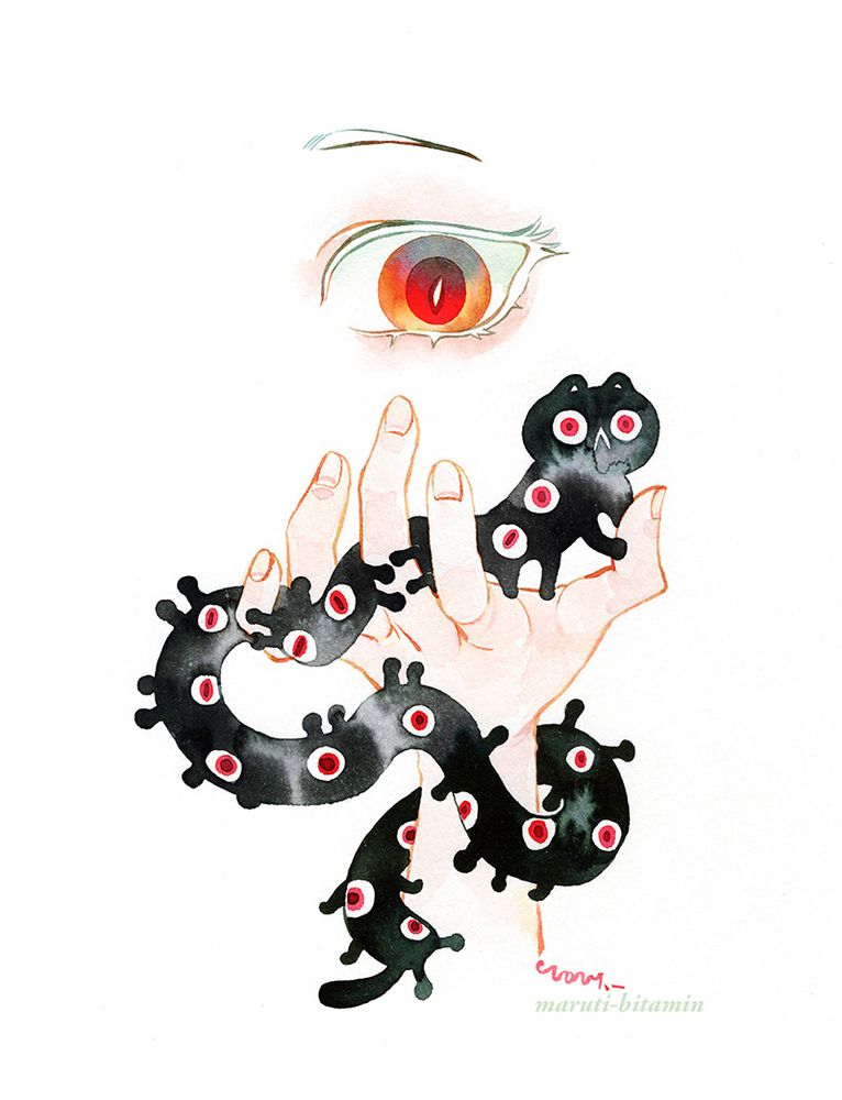 The cat is a long worm. It clambers on to a hand. An eye regards it with curiosity. 
The cat is looking perturbed, although its existence is probably the most perturbing of all. 
