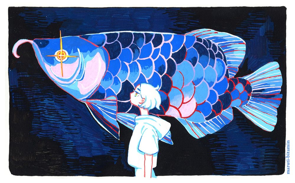 an arowana and its human
in hues of blue
the only light emanates from the arowana's eye