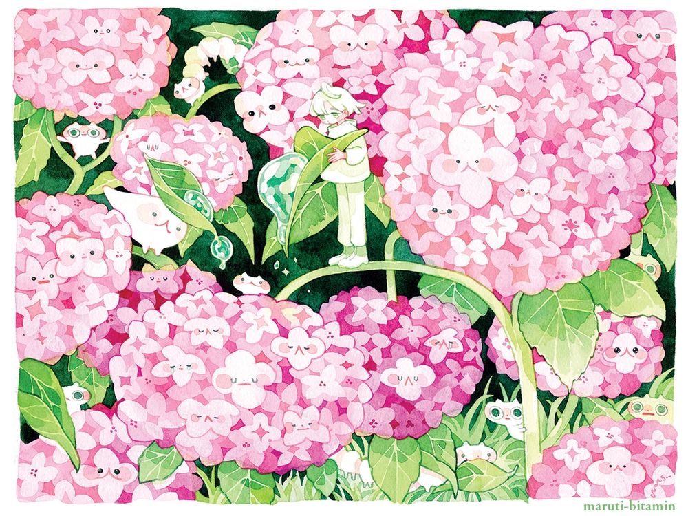 hydrangeas, drooping from thirst. 
they are so thirsty.
they are so sleepy...
cat shaped creatures peek out from the dense foliage. 
judging them. 