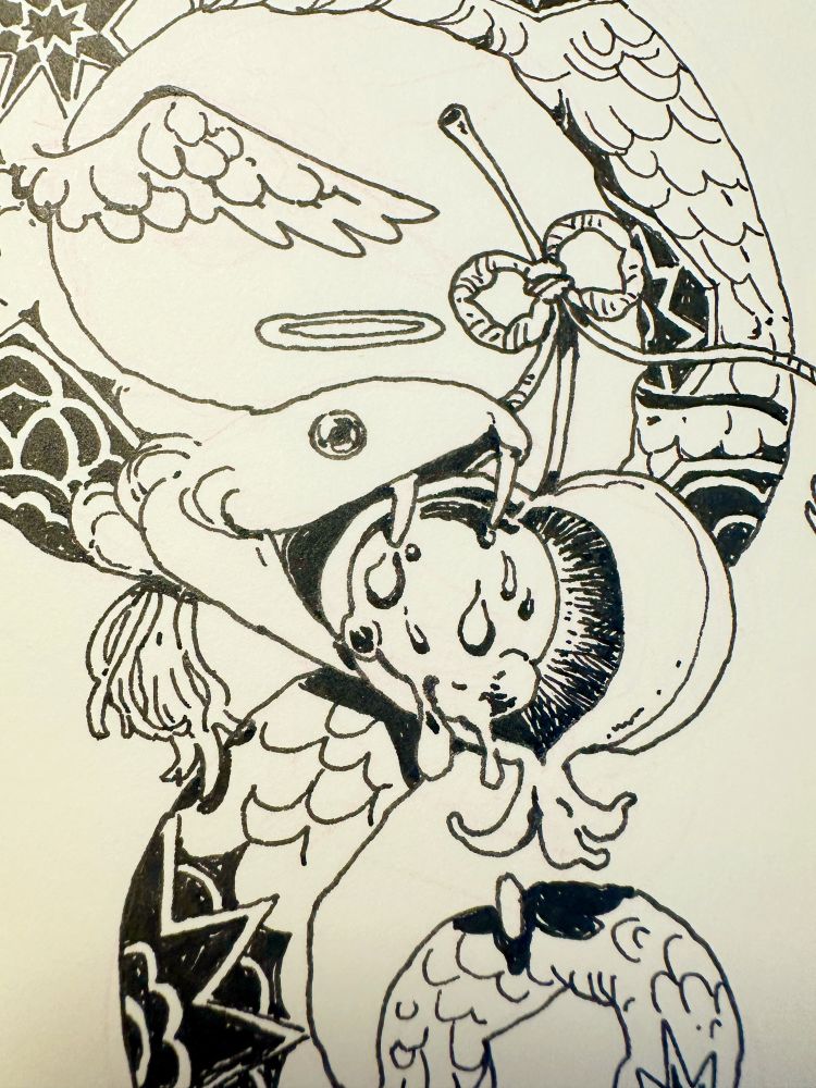 Magic snake chomping down on a juicy lantern fruit. Ink work in progress