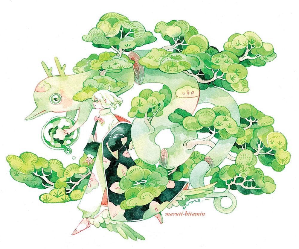 The pine dragon holds a dew drop. 
The drop sustains the whole forest and must be treated with care. 
The carer of the dragon marches alongside the gentle beast. 