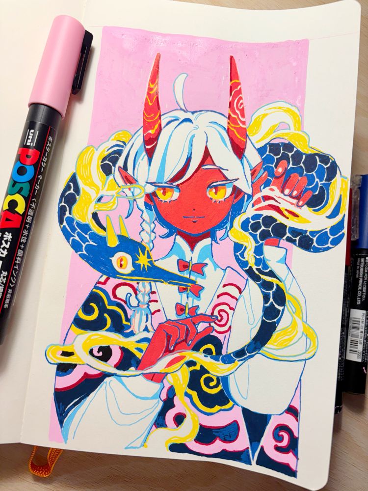 a demon tethered to a snake like creature entwined by smoke 

