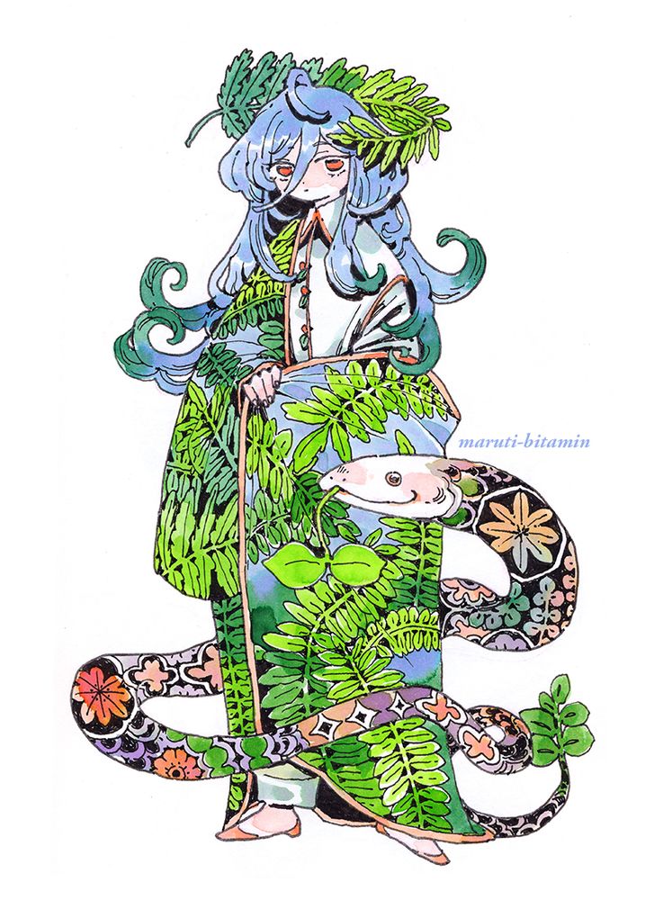 A patterned snake encircles a person in a ferned cape. 

