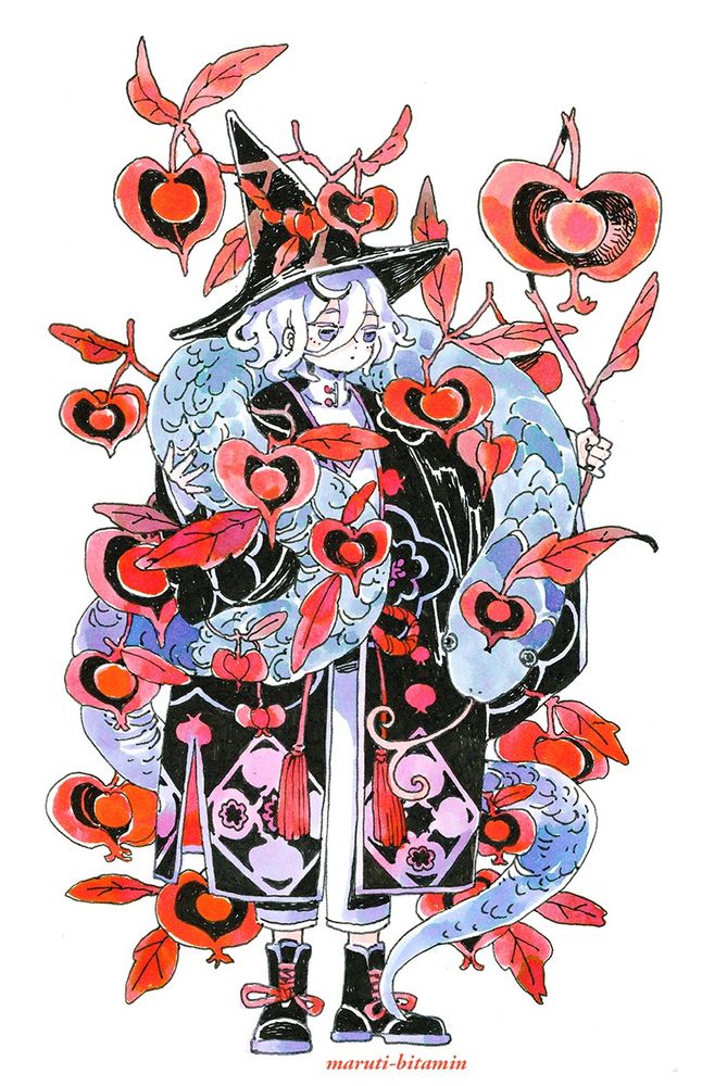 A snake overgrown with lantern plants coil around a magic user. 
Perhaps a spell has gone awry. 
The plants grow out uncontrollably. 
The magic user seems to be smug about that. 