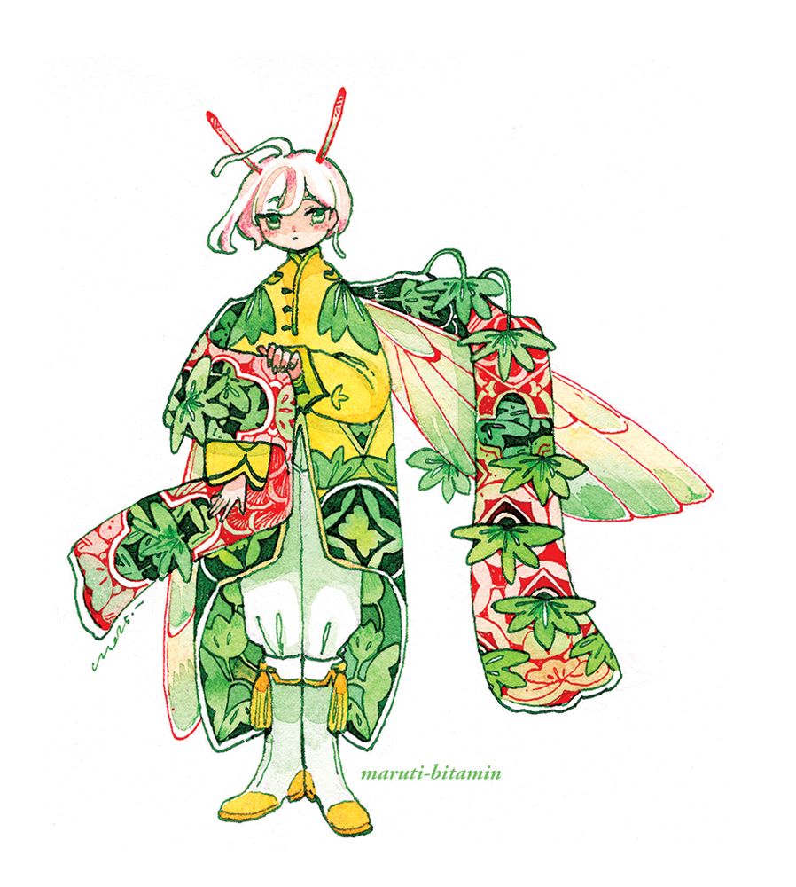 A person clad in yellow extends their bug wings. 
A scarf of ivy drapes over the wing. 
Even a bug needs to warm their wings in the winter. 
