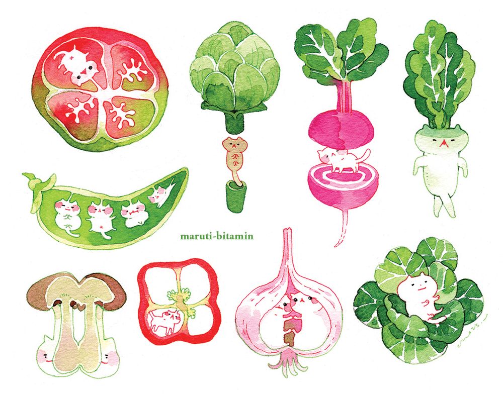 They are cats. Also vegetables. 
Are they sentient? Wait and see. 
Nestled in the nooks and stems, of beans and tomatoes and artichoke too. 