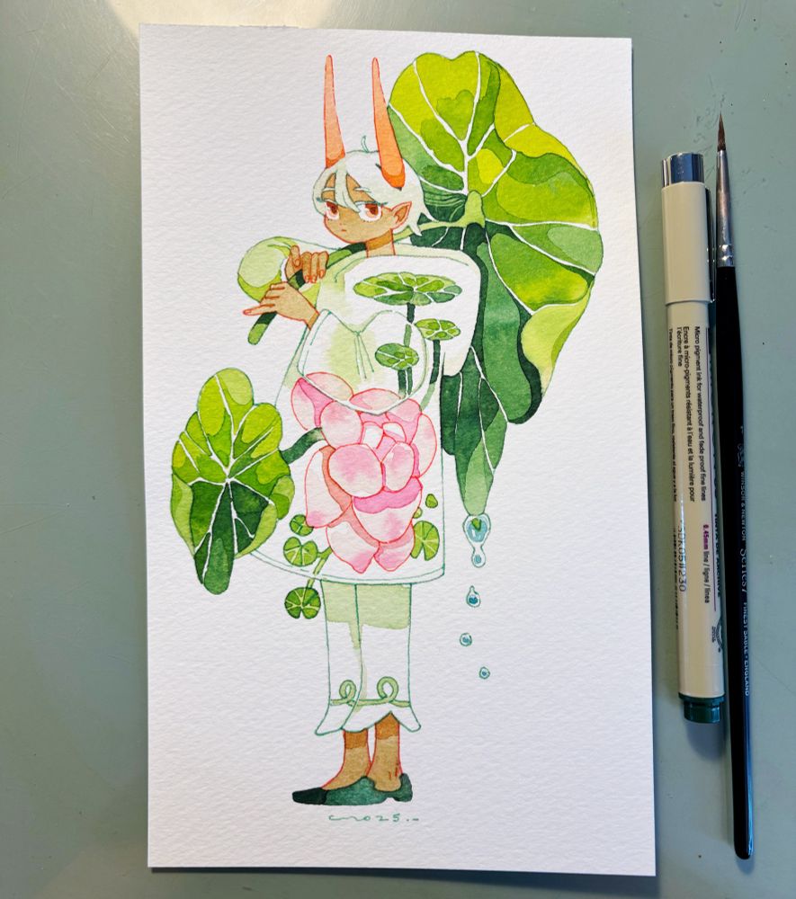 a lotus demon, holding a lily pad umbrella