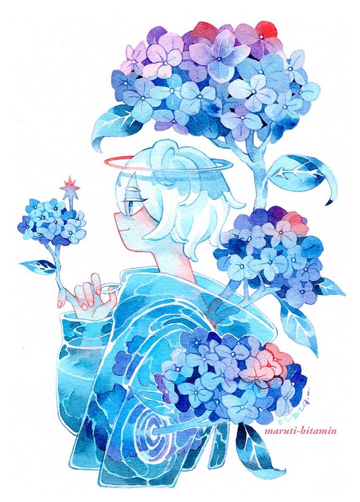 Hydrangea of various hues, 
growing out from a person who is water. 
A halo encircles their head. 
Perhaps they are just a distant memory, and all that remains are the hydrangeas, blooming. 