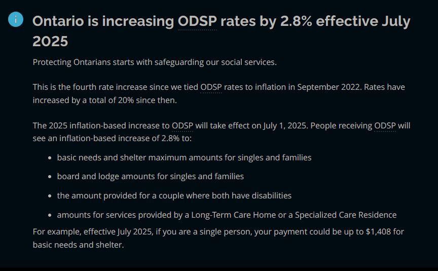 Ontario is increasing ODSP rates by 2.8% effective July 2025
Protecting Ontarians starts with safeguarding our social services.

This is the fourth rate increase since we tied ODSP rates to inflation in September 2022. Rates have increased by a total of 20% since then.

The 2025 inflation-based increase to ODSP will take effect on July 1, 2025. People receiving ODSP will see an inflation-based increase of 2.8% to:

basic needs and shelter maximum amounts for singles and families
board and lodge amounts for singles and families
the amount provided for a couple where both have disabilities
amounts for services provided by a Long-Term Care Home or a Specialized Care Residence
For example, effective July 2025, if you are a single person, your payment could be up to $1,408 for basic needs and shelter.