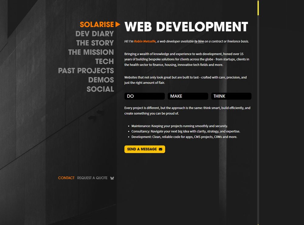screenshot of my website in development, Solarise. titled "Web Development"