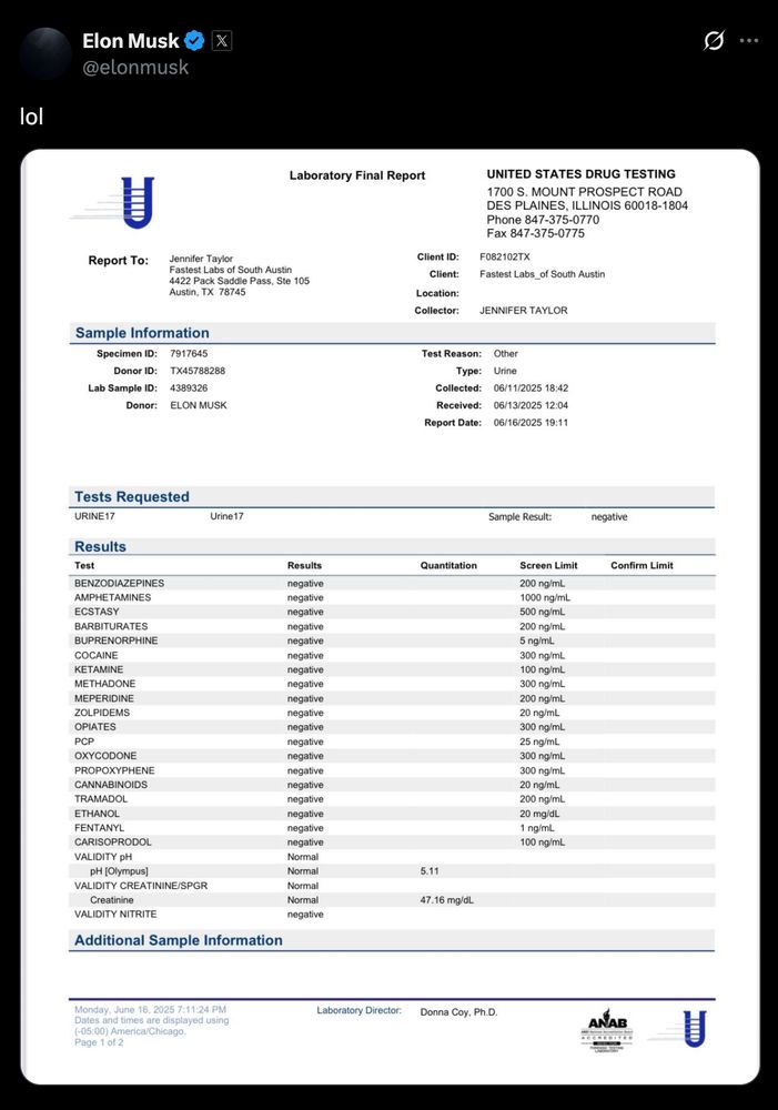 Screenshot of Elon Musk twitter post with negative drug test.