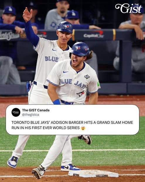 Toronto Blue Jays Addison Barger celebrates grand slam hit during game one of the World Series.