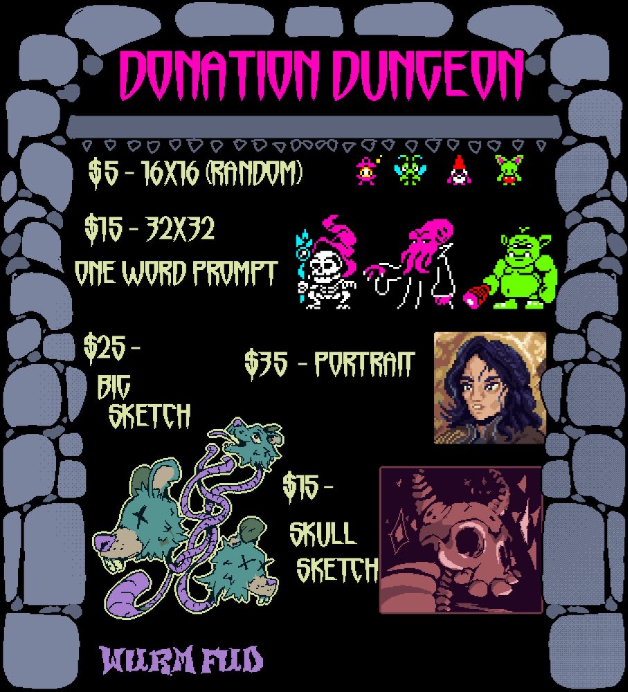 Pixel art of a commission sheet. $5 for a random 16x16 sprite, $15 for a 32x32 sprite, $15 for a skull sketch, $25 for a big sketch, $35 for a portrait. Sprites shown are four little guys (lantern, bug, gnome, goblin), three 32x32 sprites (skeleton wizard, mindflayer, ogre), a big sketch of three rat heads with tangled tails, a red horned skull surrounded by diamonds, and a portrait of Lune from Expedition 33. 
