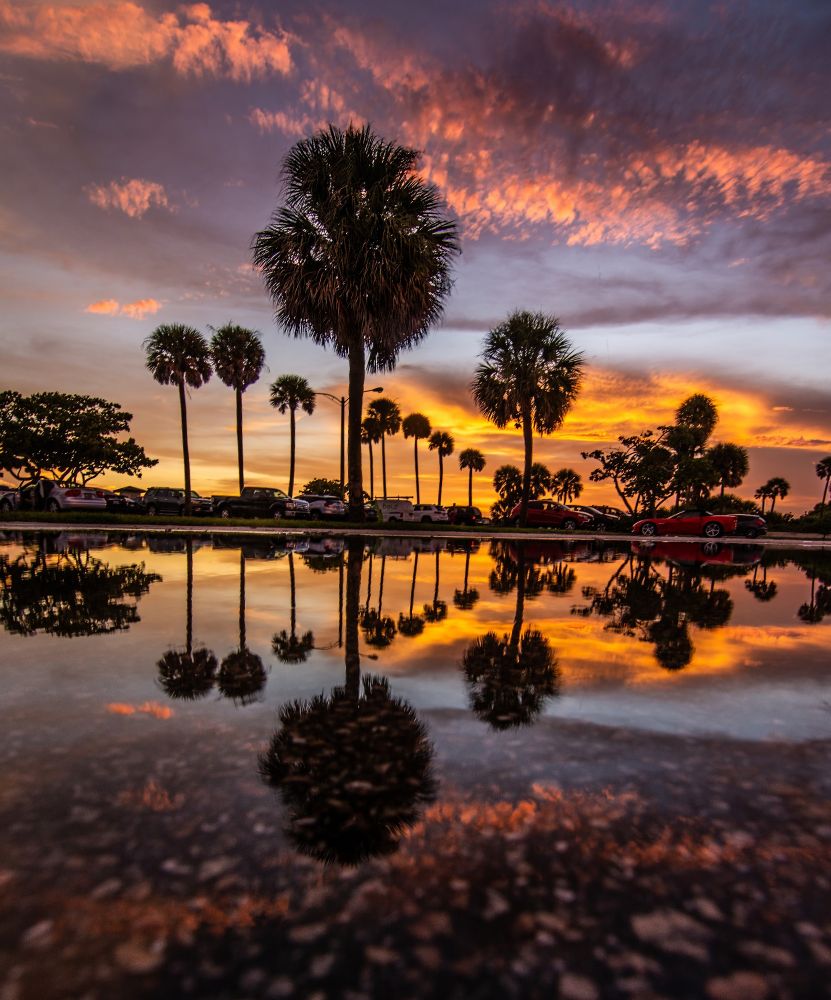 Reflection from the beach parking lot at sunset. 