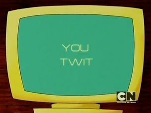 Cartoon computer monitor showing a blue-green screen with the words "YOU TWIT" in the middle. 