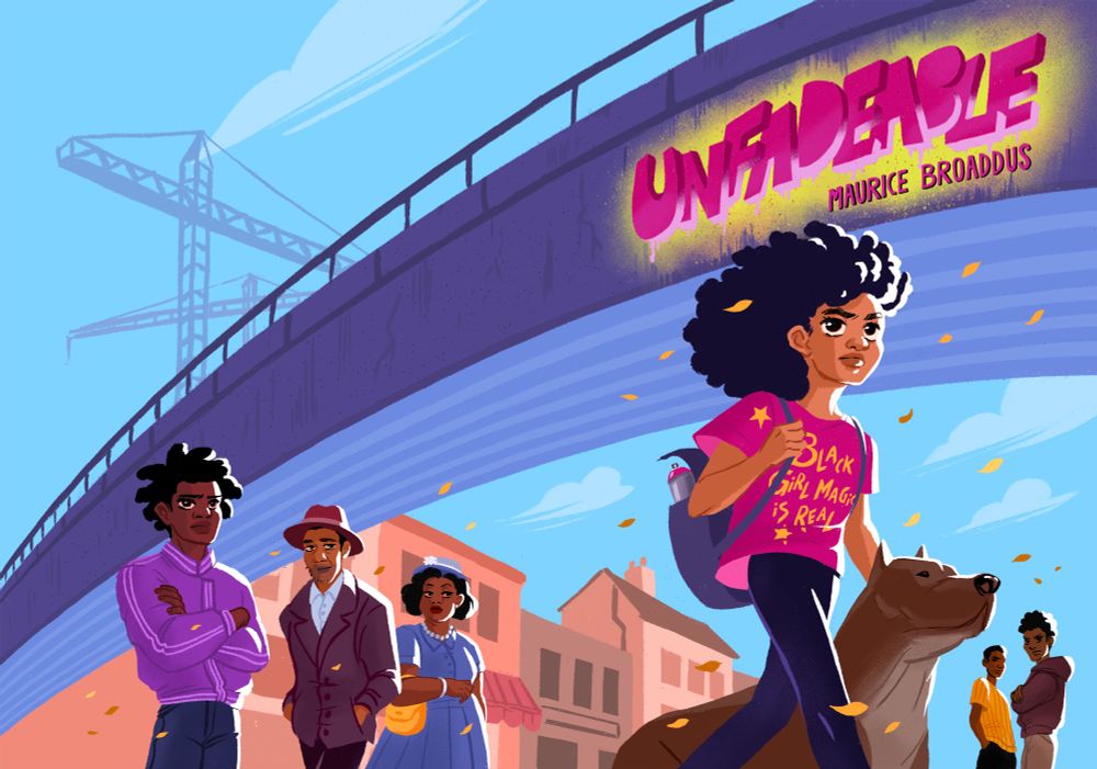 A digital illustrated book cover for the title Unfadeable by Maurice Broaddus. It portrays a mixed Black girl walking by with her pit bull pet, a bridge is seen overhead her, with some cranes in the background and some key characters in the book watches her from a distance.  