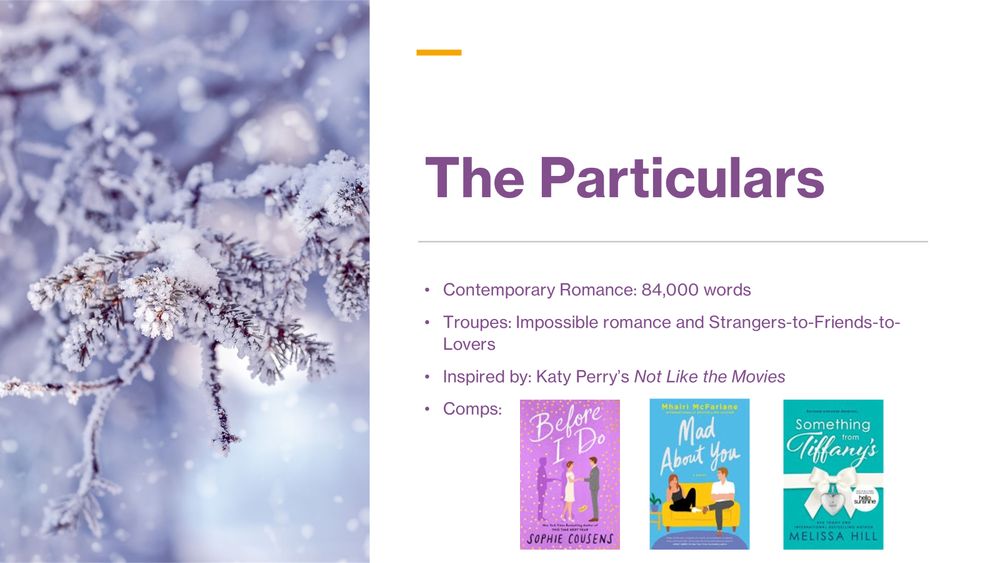 The Particulars: Contemporary Romance: 84,000 words. Troupes: Impossible romance and Stranger-to-Friends-to-Lovers. Inspired by: Katy Perry's Not like the Movies. Comps: Before I Do, Mad About You, Something from Tiffany's.