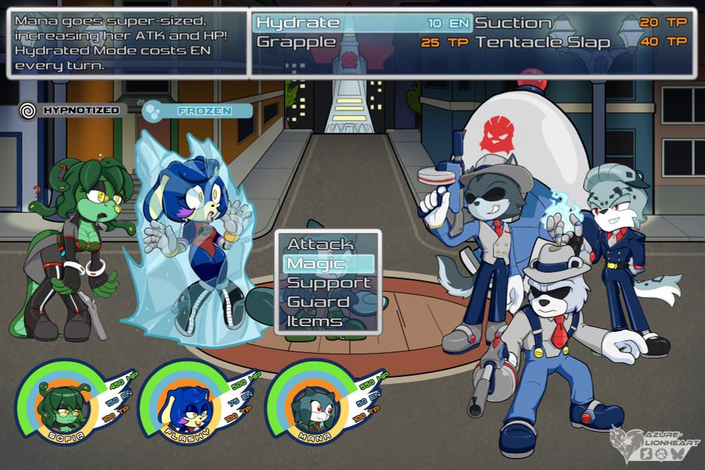 Sofia the Gorgon, Flashy the Rabbit, & Mana the Squid do battle with Egg Boss Frostbite (a corrupted version of my OC Frost) in his home base of West Cape City, now under a film-noir makeover. Mana's raring to go, but Sofia and Flashy may need a little help getting free from status conditions...