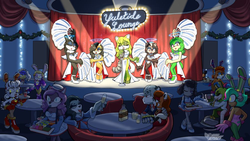 The "Yuletide Lounge", a popular spot for drinks & entertainment in the film noir-styled territory of West Egg City in my 'Mobius: Returners' AU of Sonic Forces. Egg Boss Frostbite and his fiancee Dian Hong can be seen at the center table, on right.