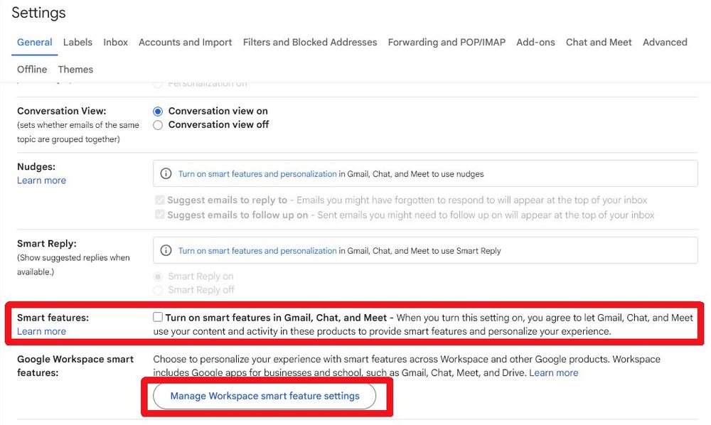 Toggle no. 1: accessible from Gmail's Advanced Settings; uncheck 'Smart Features' and move towards managing Google Workspace smart features.