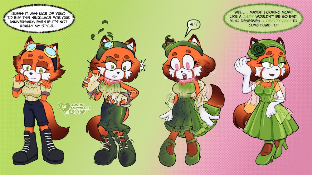 Normally one for a mechanic's shorts, sleeveless tops, and gloves, Courtney isn't really the type to "dress up" for anything. But Yuno, with her self-made fashion line and boutique (not to mention the charms of a demon girl) knows JUST what will look good on her wife- starting with a pretty set of pearls, and then a nice dress and heels to match Courtney's lovely green eyes! And why stop there? A hat would really complete the set, and that rugged red hair could do with some styling while we look at her face... oh, a shawl and some proper long gloves, now she's looking like a real kept woman. 
Forget "world's strongest mobian", she's looking much more like "world's happiest housewife" now~