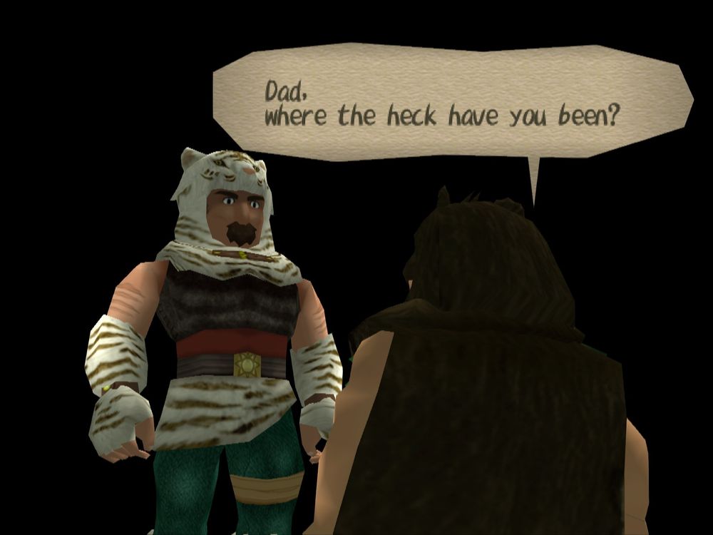 Goro floating in a void asking his father (a mustached man in a white tiger pelt) "Dad, where the heck have you been?"
