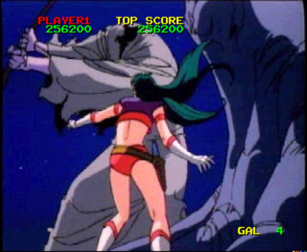 The headless grim reaper, now giant in size, prepares to swing it's scythe at Time Gal once more