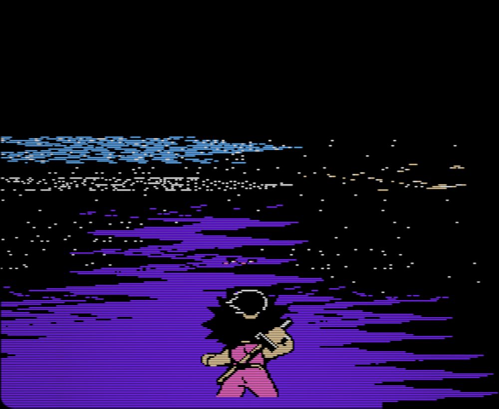 An 8-bit ninja in pink looks into an endless violet fog, hand on his katana