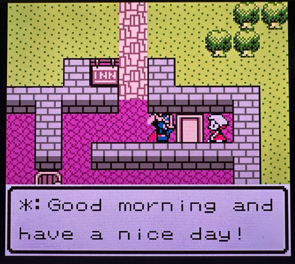 Innkeeper text reading “Good morning and have a nice day!”