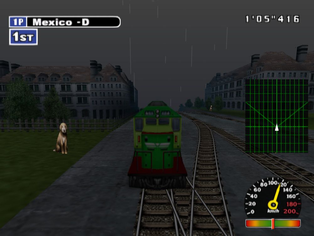 A very out of place CGI pre-render of a dog on the side of the tracks as we race a Mexican diesel train through a rainy English village