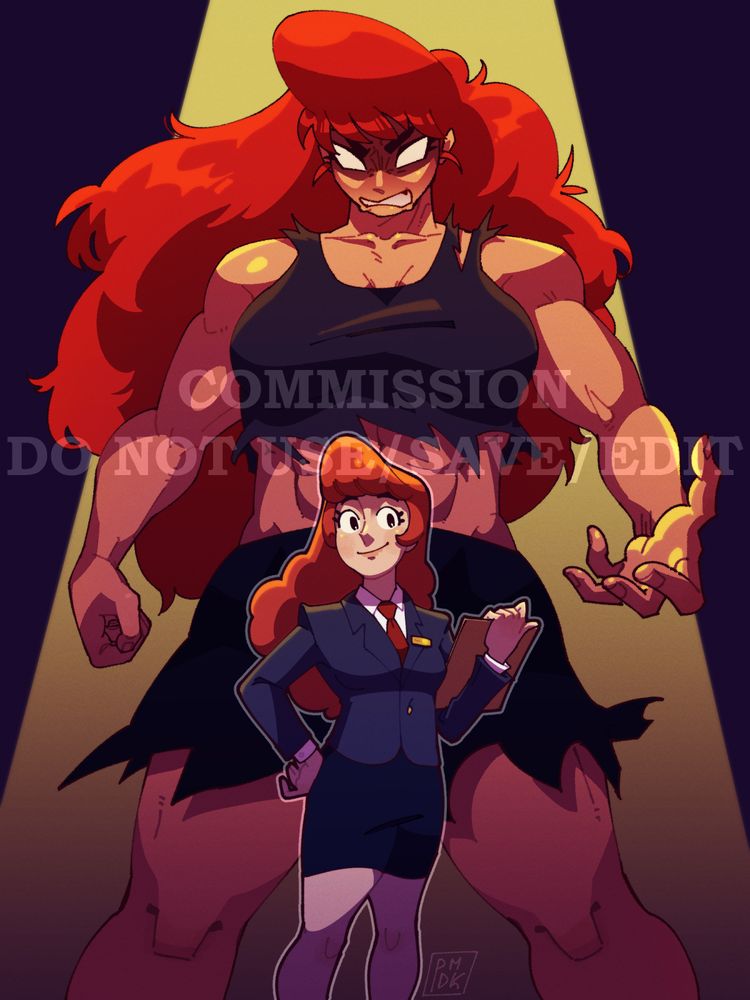 sethmachetedemeter's OCs are on screen. In the back, standing with her legs wide and her left hand lifted like claws towards the viewer is Colossa. She has flaming, messy red hair, sharp white eyes, and a snarl on her face. Her shirt and skirt are ripped at the edges, showing her arms, stomach, and legs. In front of her stands Sylvia, her civilian side. She's well dressed in a suit jacket and pencil skirt, her hair perfectly groomed, and she's holding a clipboard while smiling at the viewer.