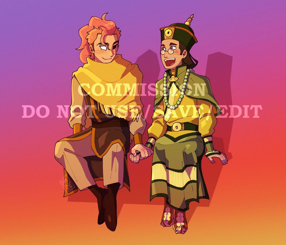 h0n04rys3n10r's OC, Noir, is sitting and holding hands with King Kuei from Avatar: The Last Airbender. Noir has a pink mohawk, one white eye and one black, and a yellow cape draped over traditional brown Earth-bender garbs. King Kuei is wearing the classic royal green robes. He has long braided black hair and wears round glasses. They're both smiling at each other.
