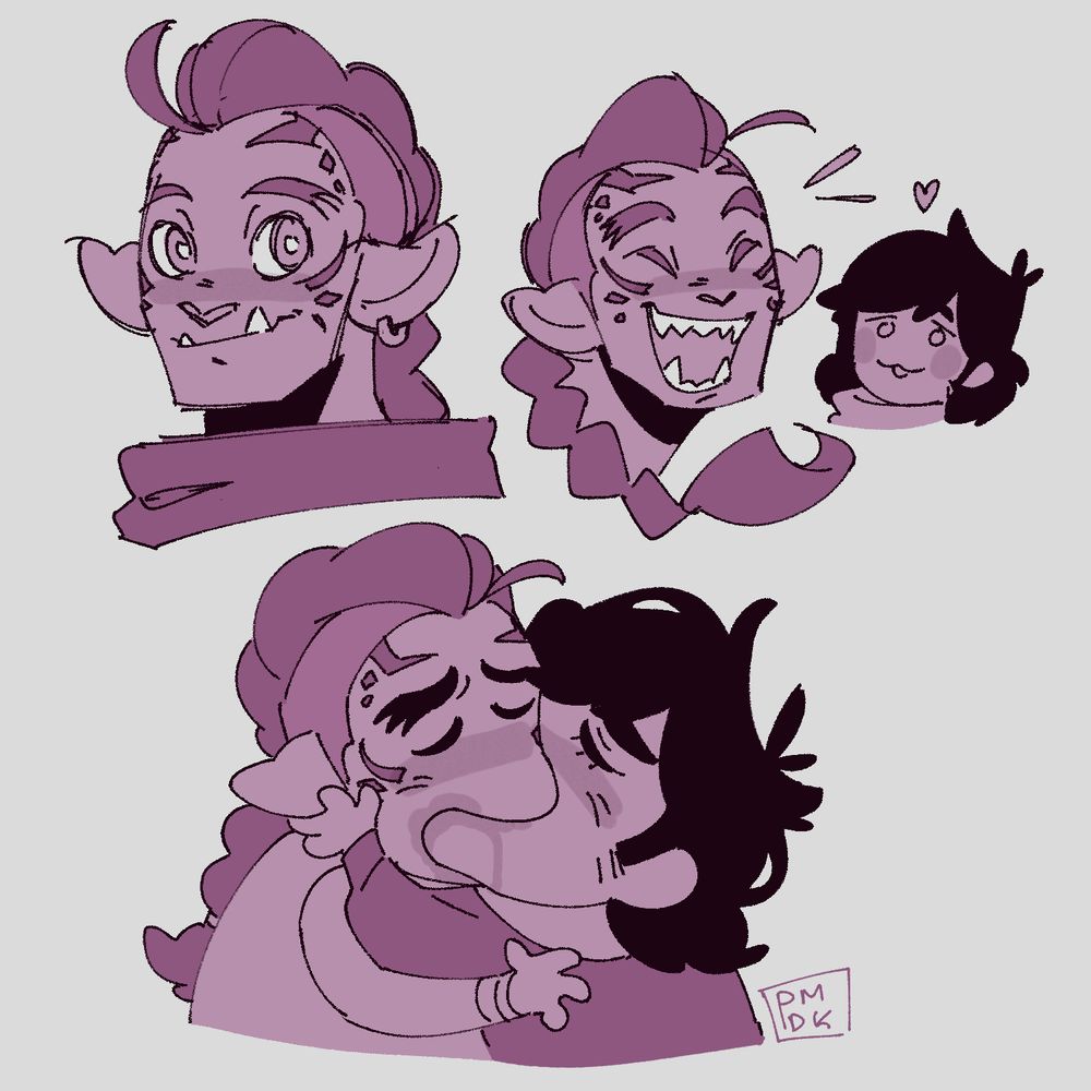 There are three separate drawings on this picture. The first one is of Geo, a character from Ninjago Dragons Rising. He's colored in purple and has large ears, a braided mohawk, face patterns, and large underbite fangs. The second picture shows him laughing with Cole (a man with long, fluffy black hair) looking adoringly at him. The third is a meme image of the two of them making out with drool everywhere.