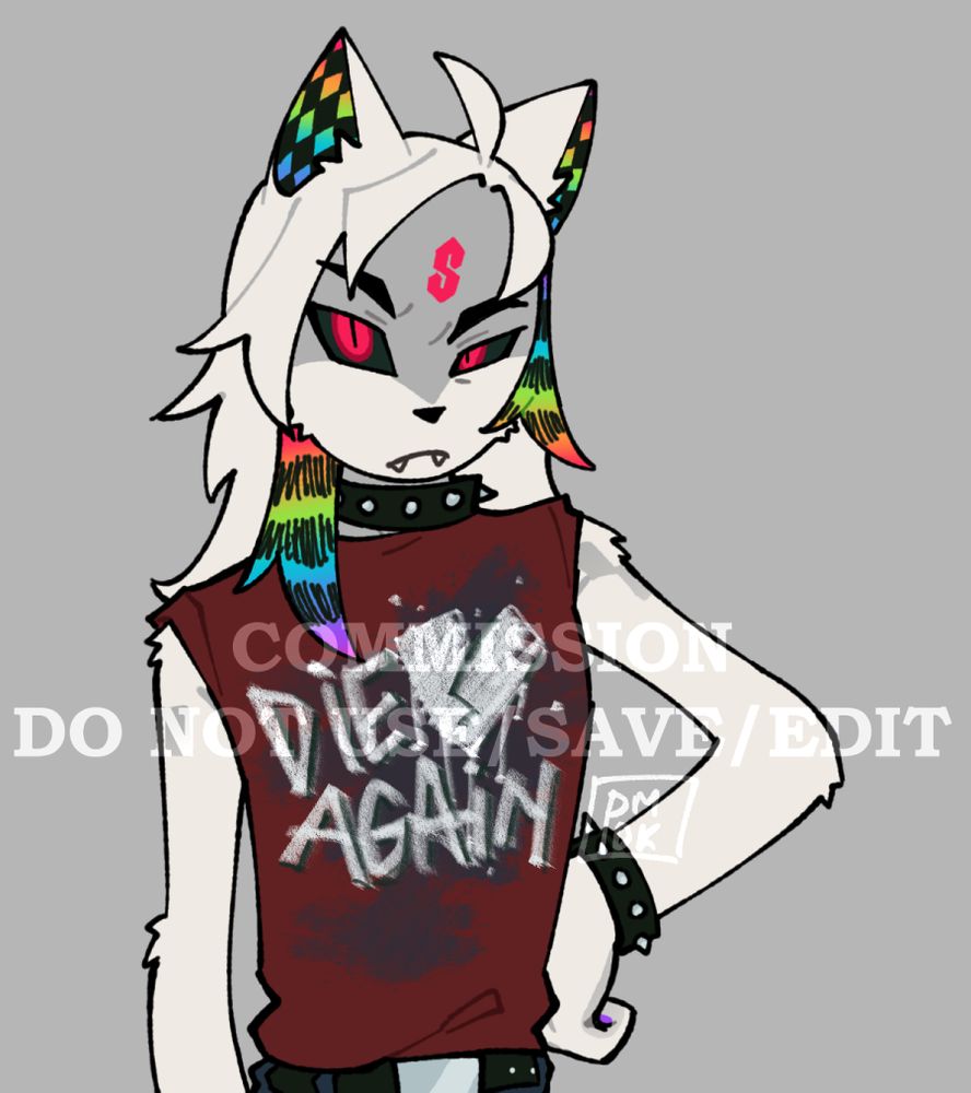 orewatowi's OC, a white and grey fox-like furry with red eyes, a red S on his forehead, rainbow inner ears, and rainbow dyed strips in his hair. He wears a red band short sleeved shirt and chunky choker and bracelet with spikes.