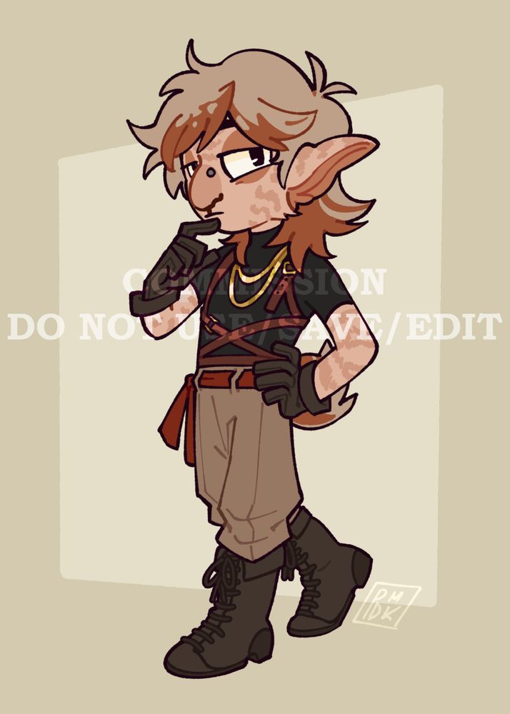squigqutts's OC, a human-Togorian hybrid with peach-colored fur and slightly darker colored stripes on his face and arms. He has long, fluffy elf ears, and a two-color mullet in light brown and brown. He has nose piercings. He's wearing a black T-shirt with brown leather straps, gold necklaces, tan cargo pants, and dark grey boots and gloves. He's looking pensively at the viewer.
