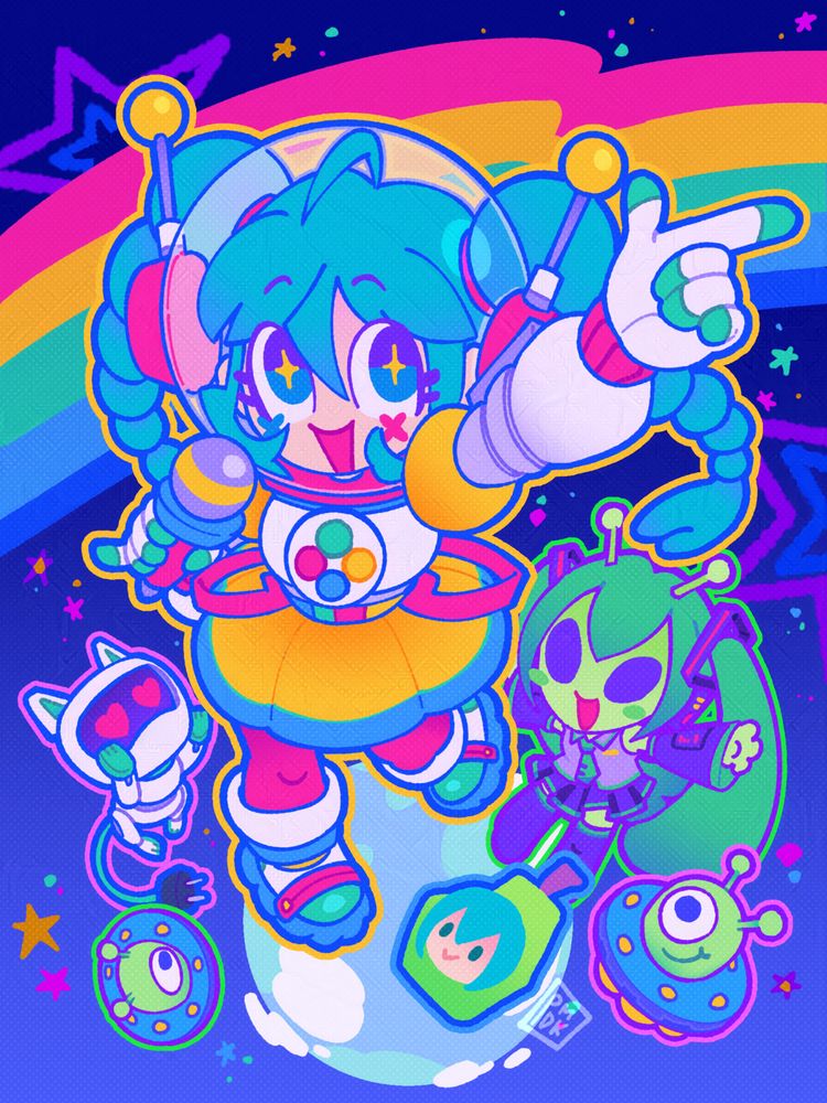 hatsune miku is dressed in a colorful space outfit as she poses above the earth with a microphone in one hand and a finger pointing into the sky in the other. She's surrounded by other characters, including a robot cat, two UFO's, a green alien Miku, and a Miku that is a pear.