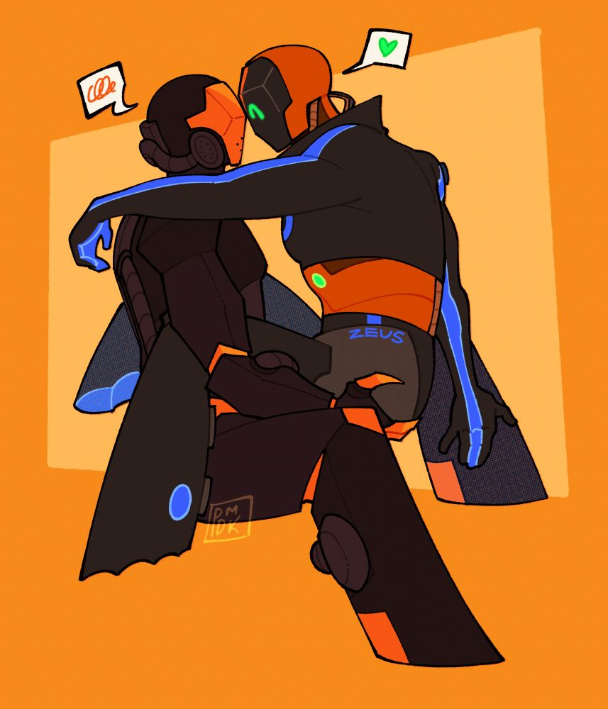 Alphajn's OC, Amber, is a faceless robot with pipes winding around his body. He has sharp claws on his hands, and he's holding my OC, Zeus in his lap. Zeus is a robot with a single eye, and he's smiling at Amber while being close enough that their foreheads touch. Amber is disgruntled.