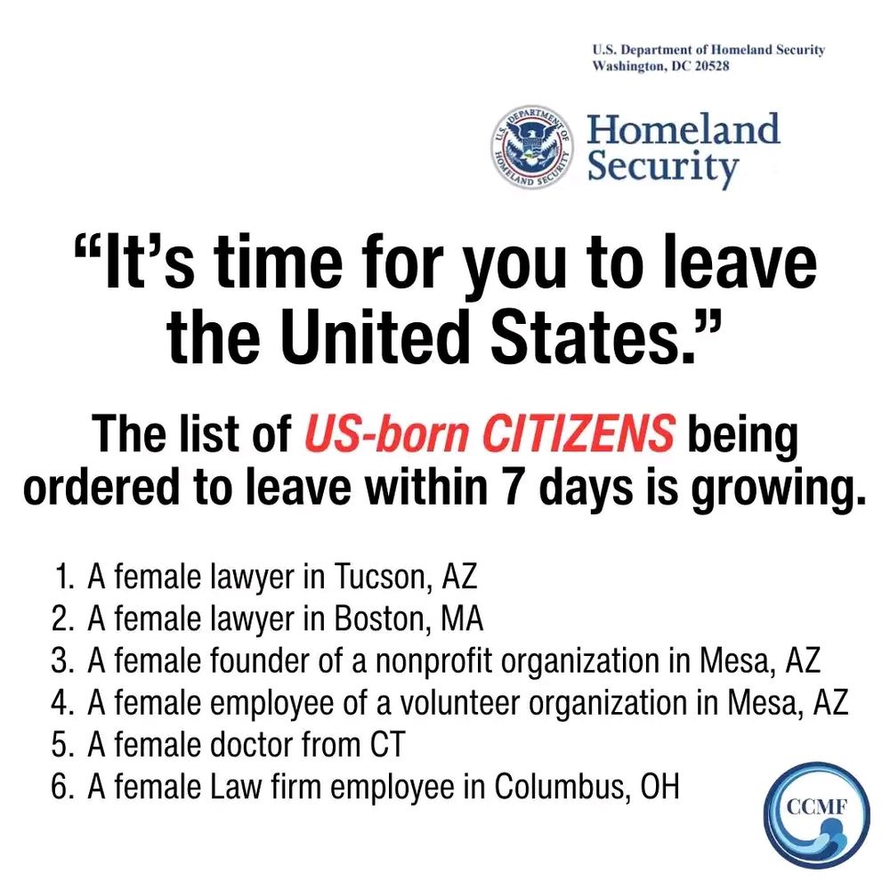 An image saying "it's time for you to leave the United States" listing six us-born women who have been told to leave in the last 7 days.