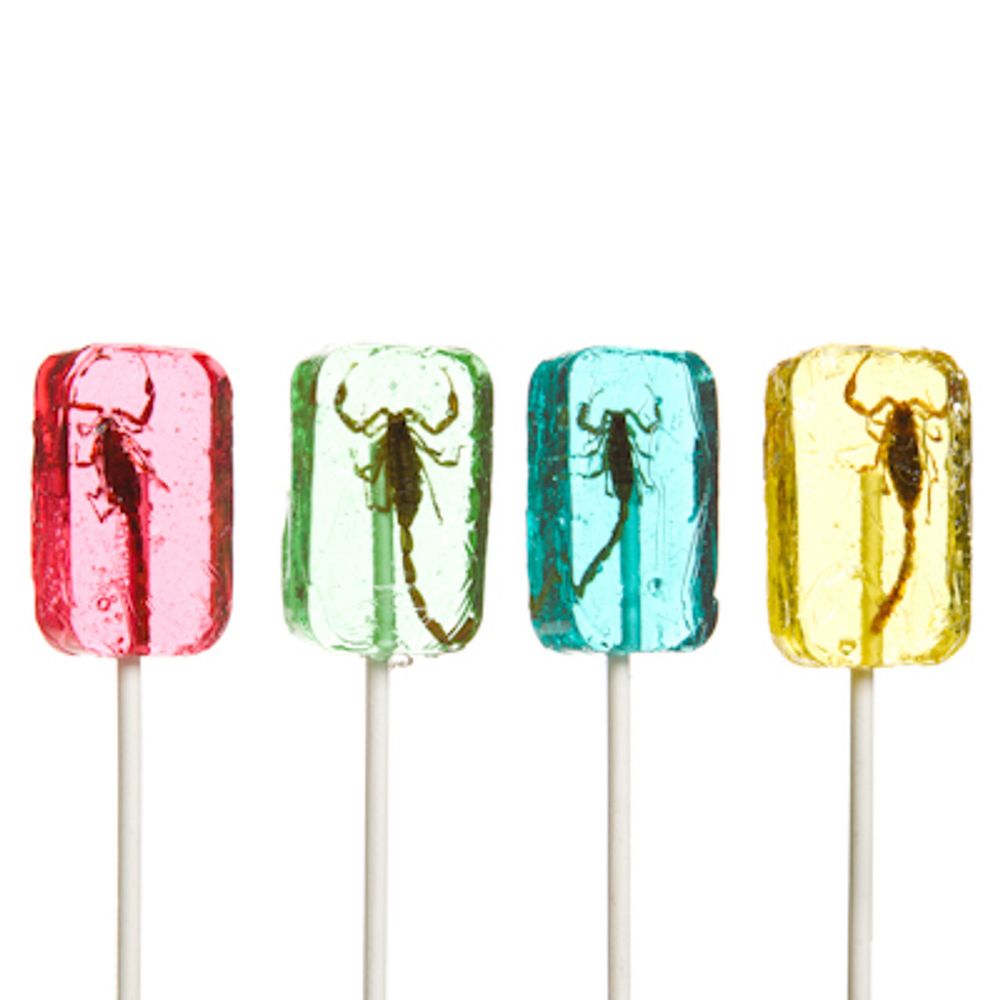 Four translucent lollipops with a scorpion embedded