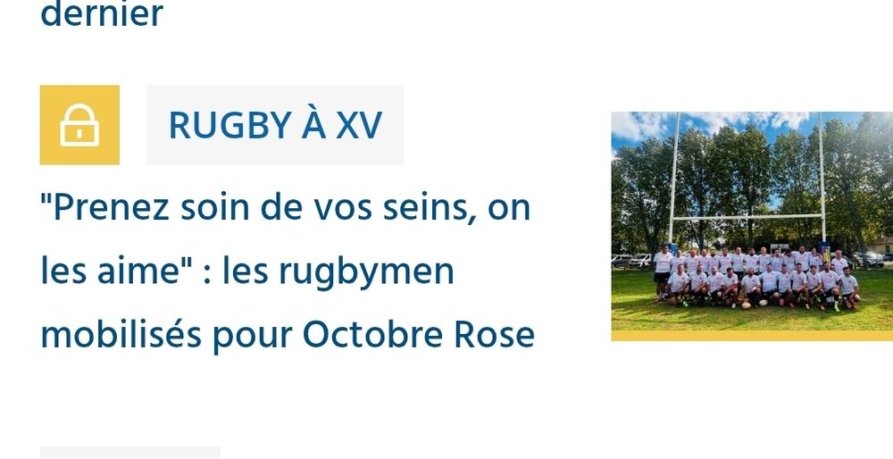 Titre l'indépendant "Rugby à XV :   prenez soin de vos seins, on les aime" : les rugbymen mobilisés pour Octobre rose. "