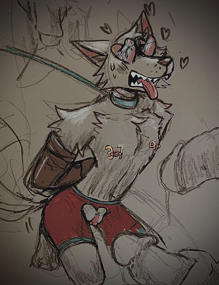 Warmup sketch drawing with some details done digitally. Cybin the cartoon wolf with his arms bound behind his back, kneeling in front of some dicks coming from off the screen. His nipples are pierced and they have the numbers “379” to commemorate his follower count. Art study drawing 