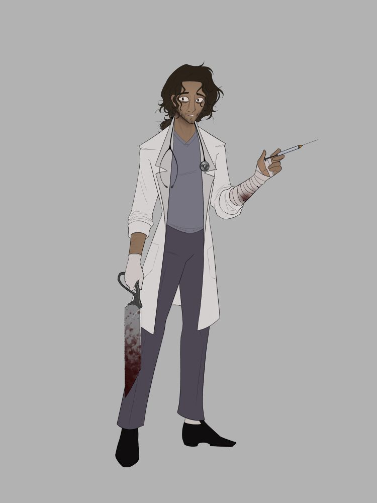 Graham Ramirez. A Latino man in his 30s dressed in scrubs and a lab coat. He’s visibly disheveled with a scar across his face and a bandaged arm. He’s holding a bloody bone saw and a syringe. 