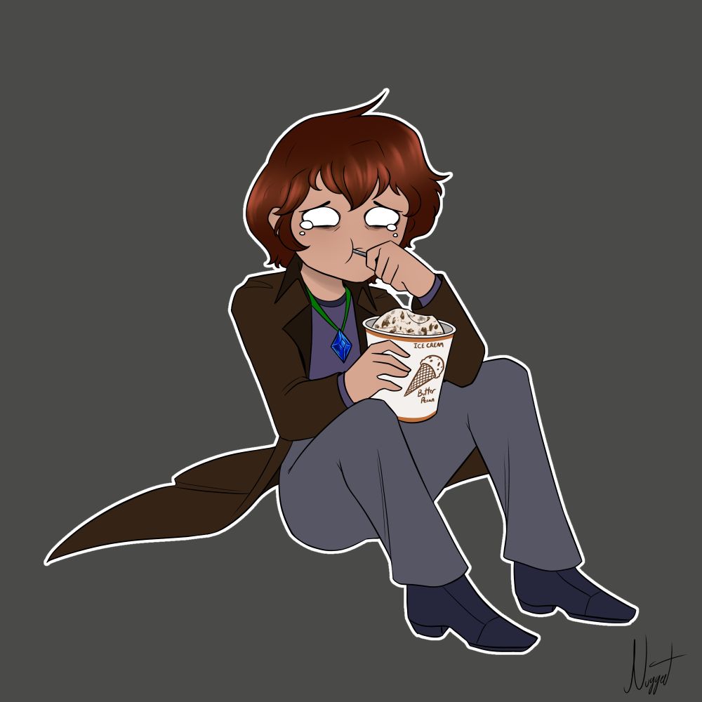 Maxwell sitting on the floor in a more cutesy art style, eating a gallon of ice cream while crying 