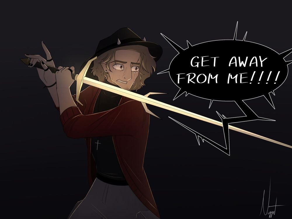 Jack defensively holding a sword. He has a look of anger and fear with tears streaming down his face. He’s screaming at something (or someone) off screen, telling them to get away from him. 