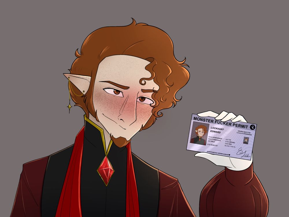 Edward holding up a monster fucker permit with a seductive smirk 