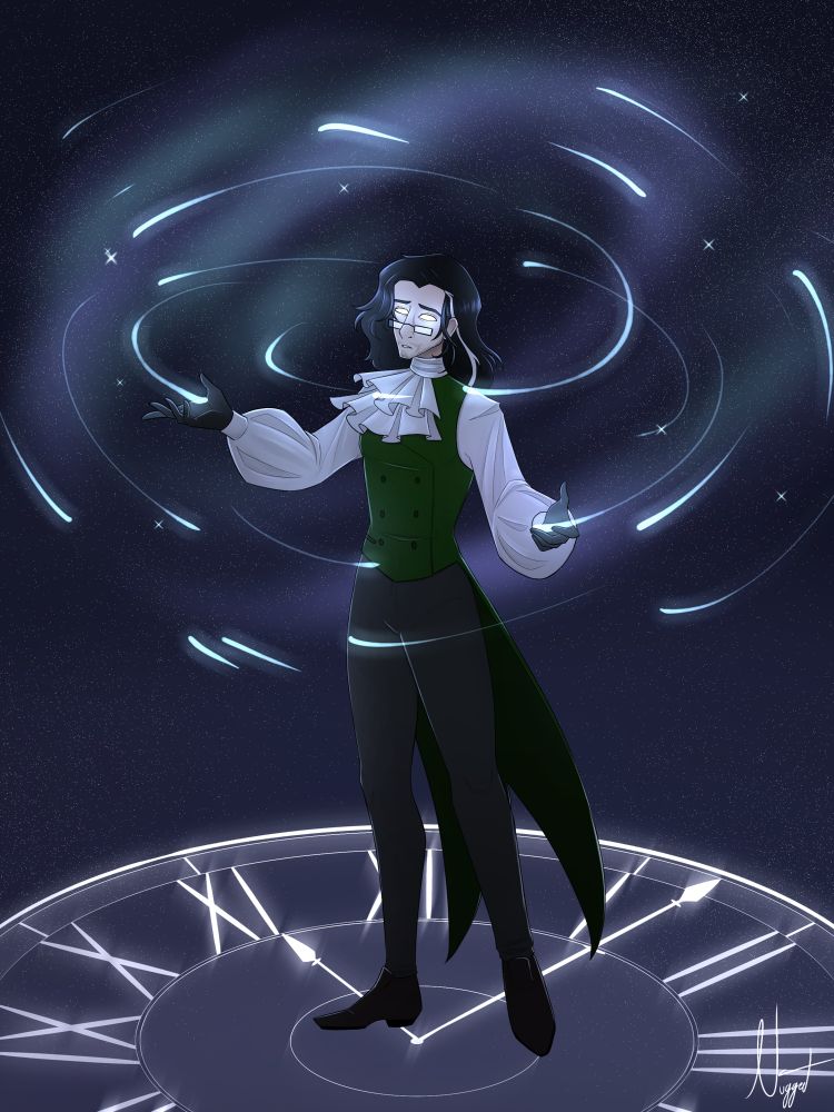Victor stands on a spectral clock. His hair is down and his eyes are glowing as he looks up at the stars and galaxy above him, as if analyzing something mortals cannot see