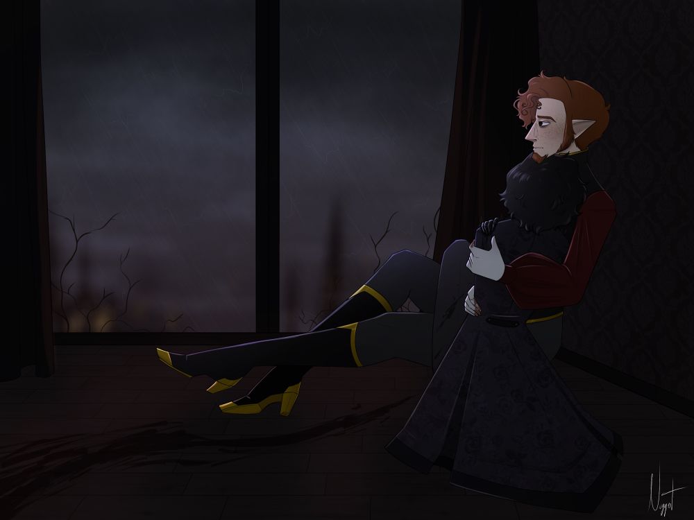 Edward sits against a wall near a window, cradling Ambrose on his lap. Edward’s expression is blank, as he looks forward instead of at his husband with no shine in his eyes. There is a slight smear of blood on his lips, implying a kiss before Ambrose collapsed. 