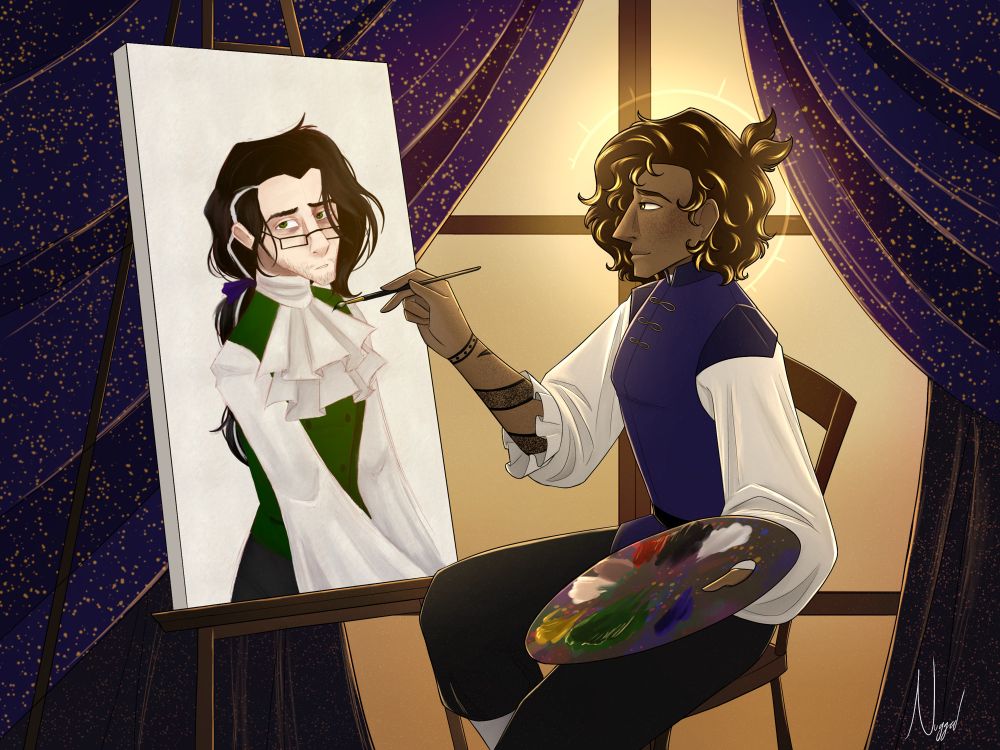 Emrys sits in attire from the Renaissance Era, painting a portrait of Victor