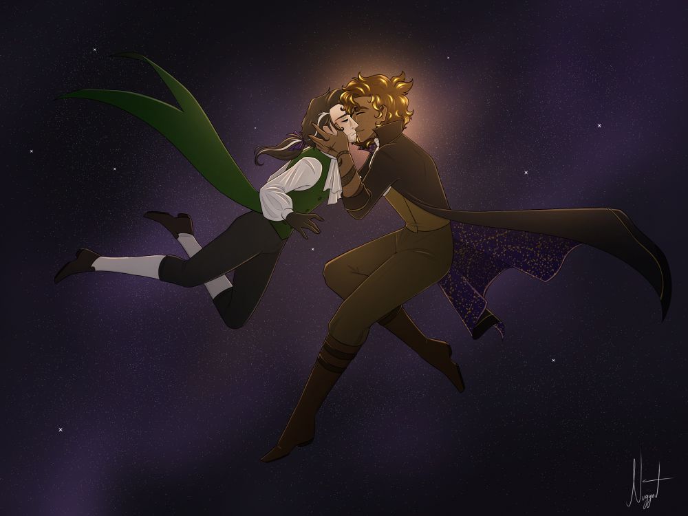 Victor and Emrys floating in space sharing a kiss 
