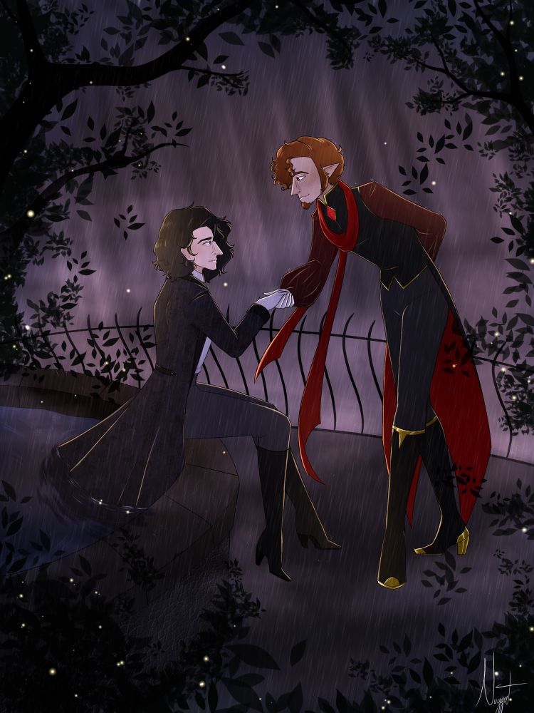 A scene with Ambrose and Edward outside. Ambrose is sitting on a well or a fountain, looking younger and healthier than usual. Edward extends his hand outward towards his husband in a gentlemanly fashion 